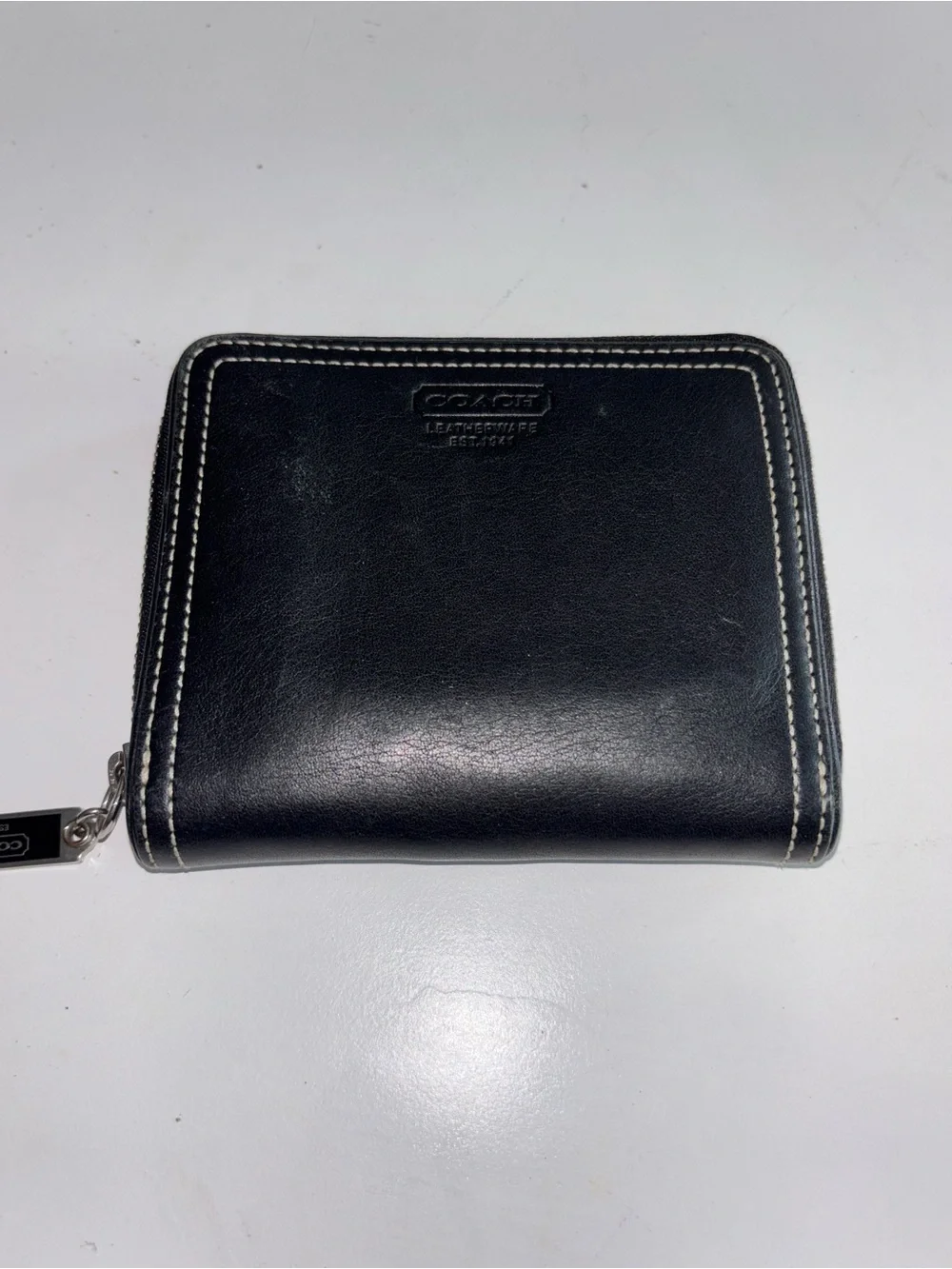 Coach Black Leather Zip-Around Wallet with Contrast Stitching